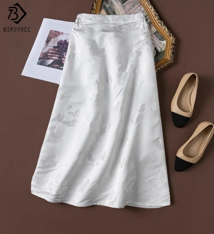 

Birdtree Summer 100% Silk White Skirt,Women Jacquard Elastic Waist Elegant Solid Color Loose Skirt,2025 New D56503JF