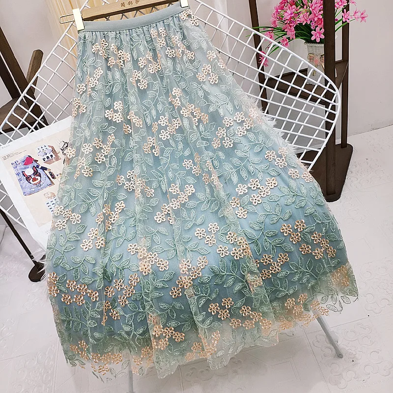 

Summer Embroidery Floral Mesh Long Skirt Women Elastic High Waist A Lien Tulle Green Skirts Korean Casual Tennis Skirt