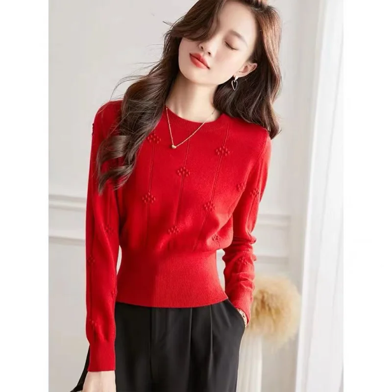 Womens ronde hals trui wollen trui herfst winter nieuwe stijl casual hoge taille stijlvolle innerlijke slijtage gebreide basislaag top