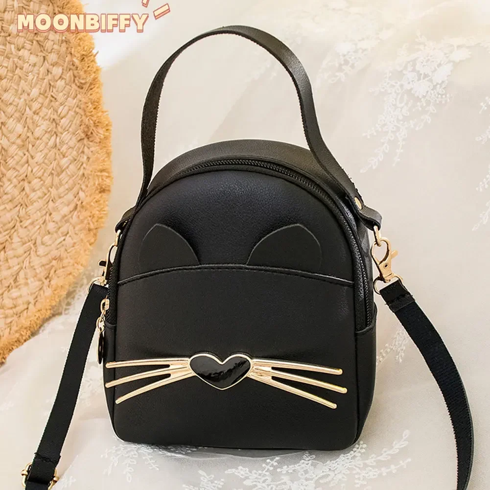 Women PU Leather Crossbody Messenger Bag Cartoon Cute Cat Korean Shoulder Backpack Girls Small Daily Purse Children\'s Backpack