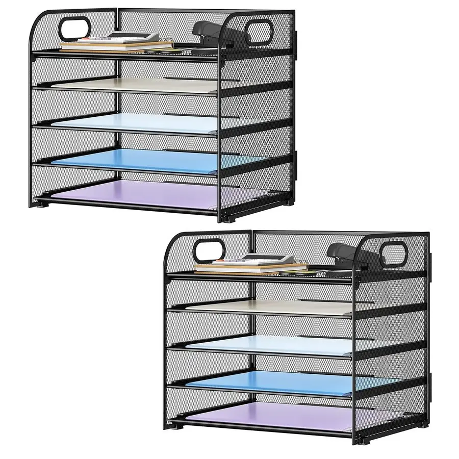 

Настольный органайзер для бумаг с 5 сетчатыми лотками и ручкой, для офиса, дома или школы, черный, 2 шт.