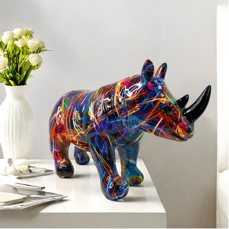 Colorful Animal Model Rhinoceros Resin Statue Decoration, Living Room Desktop Decoration, Abstract Graffiti Rhinoceros Statue