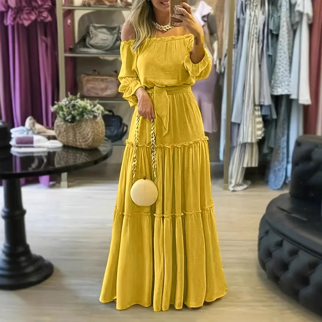 2025 Summer Bohemian Women's Dress Temperament Commuting Solid Color Splicing One Piece Collar Dress
