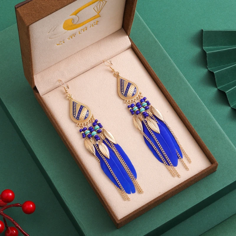 Bohemian Ethnische Lange Feder Ohrringe Boho Wasser Tropfen Gold Farbe Kette Quaste Ohrringe für Frauen Braut Hochzeit Schmuck – Detail 11