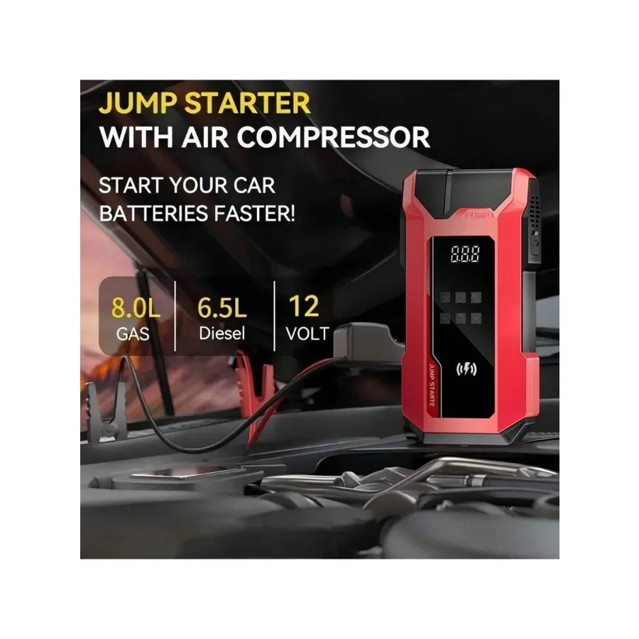 

Portable Wireless Car Air Pump And Emergency Jump Starter, Integrating Air Pump And Battery Starter Functions, 12V 8.0L Gasolin