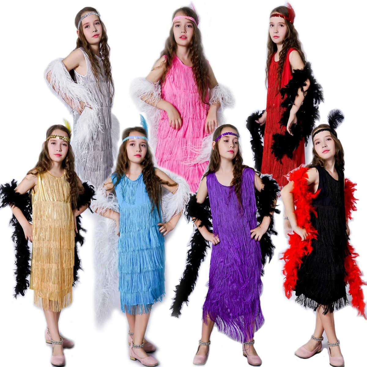 

Kids Girls Retro Latin Dance Costume Tassel Skirt Party Stage Performance Dress for Little Dancers