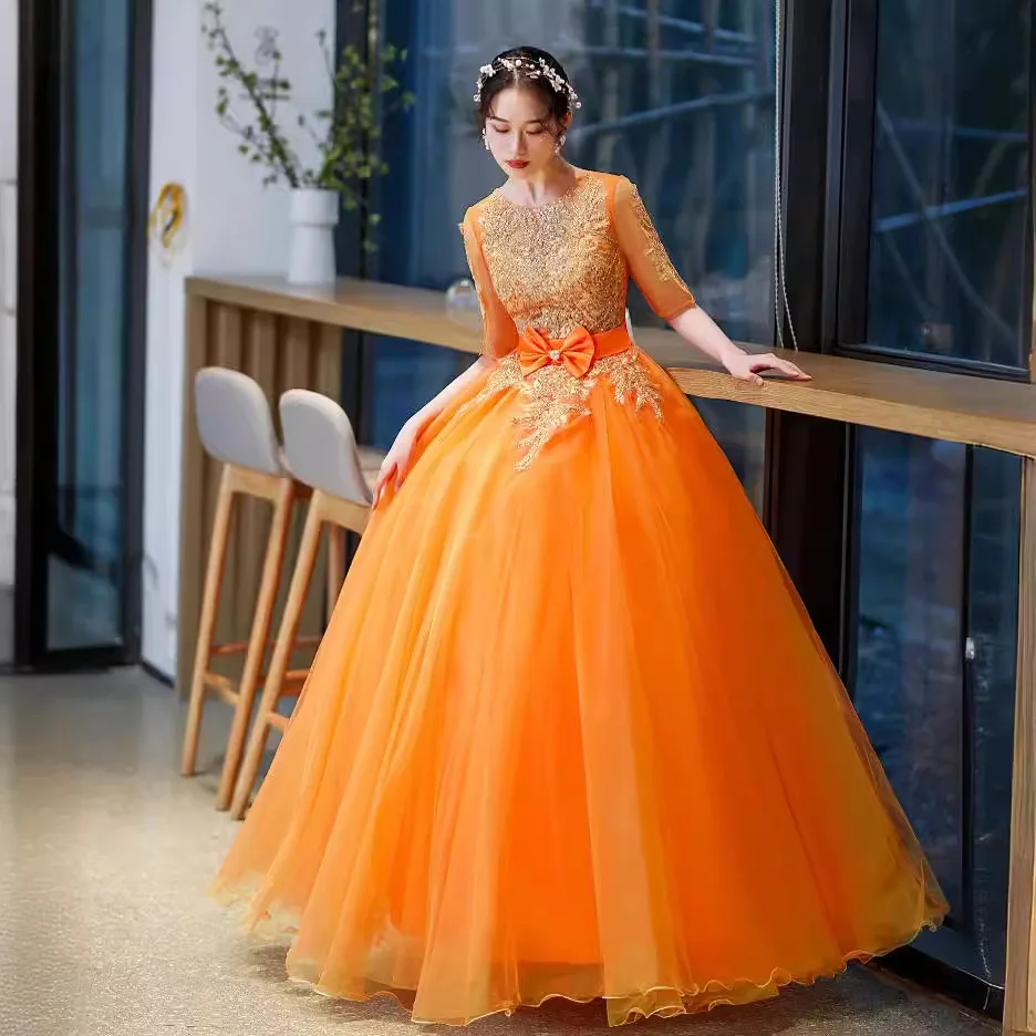 Vestidos de quinceañera naranja, lazo dulce de 16 años, fiesta de graduación, Vintage, largo hasta el suelo, lentejuelas, vestido de baile, bordado de encaje, Media manga