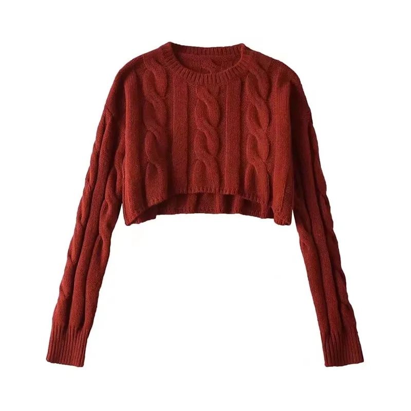 Loose Knitted Long Sleeve round Neck Pullover Vintage Twist Short Top for Women in Autumn  Cotton Commute Style  Color