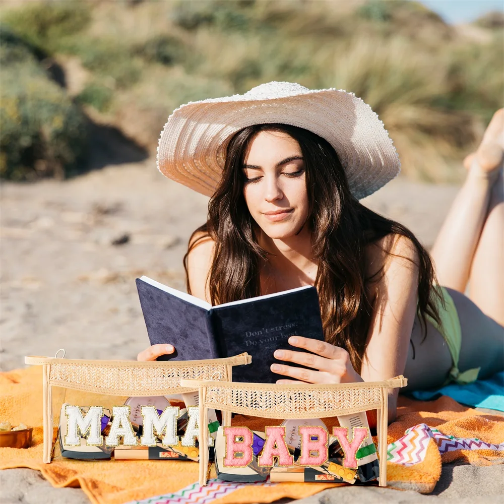 

2 шт., большие бежевые плетеные пакеты для макияжа