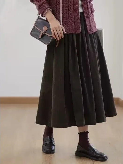 

Retro Corduroy A-Line Midi Skirt High Waist Women's plus Size Autumn Slimming Umbrella Skirt Drapey Casual Skirt