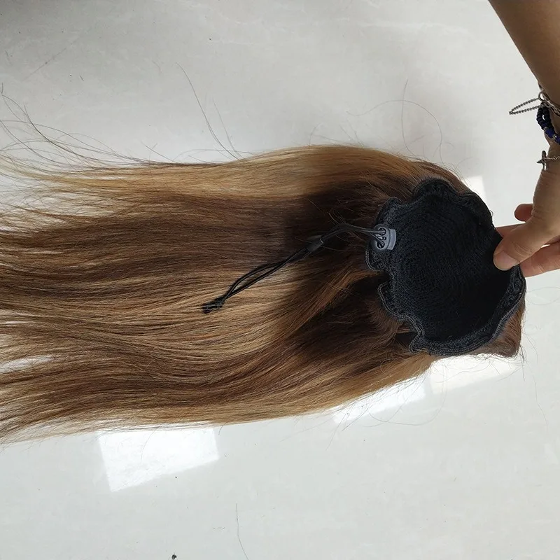 고품질 인모 하이라이트 피아노 컬러 P4/27 대비색 드로스트링 포니테일 스트레이트 포니테일 패셔너블