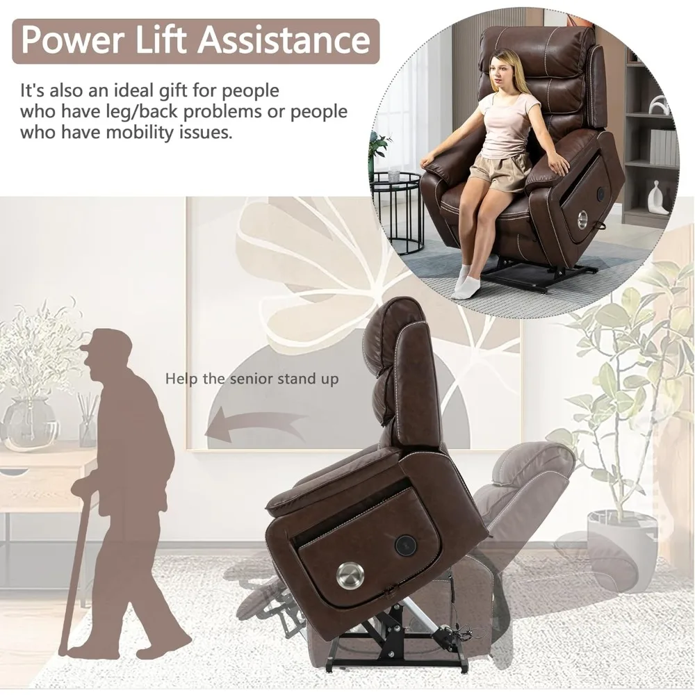 ReclinerChair for Adults Elderly Lay Flat Leather Recliners with Massage Heating,Wireless Charging Device,USB Ports,Up to 400LBS