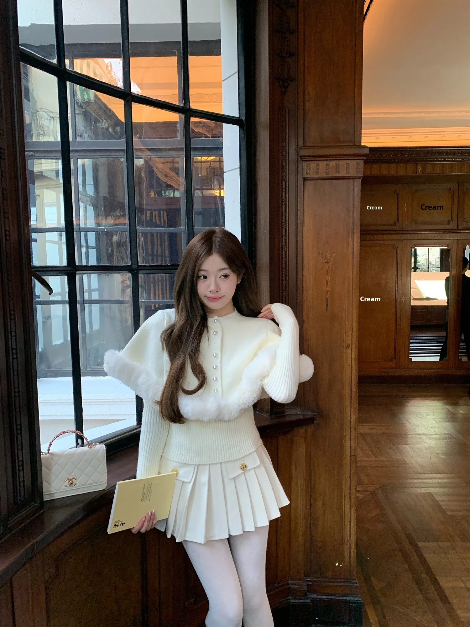 

Белый вязаный свитер-пальто с вставками, комплект из двух предметов, винтажный, в стиле французского шика, теплый, для осени и зимы