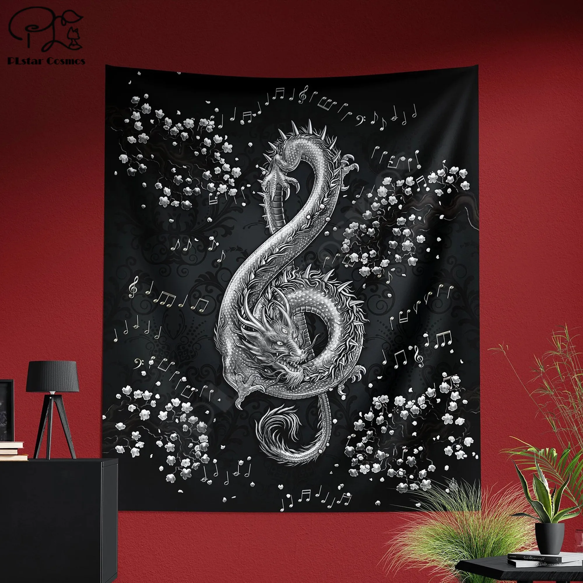 Dragon Tapestry, Music Wall Hanging, Eclectic Home Decor, Art Print - Silver Black, Treble Clef