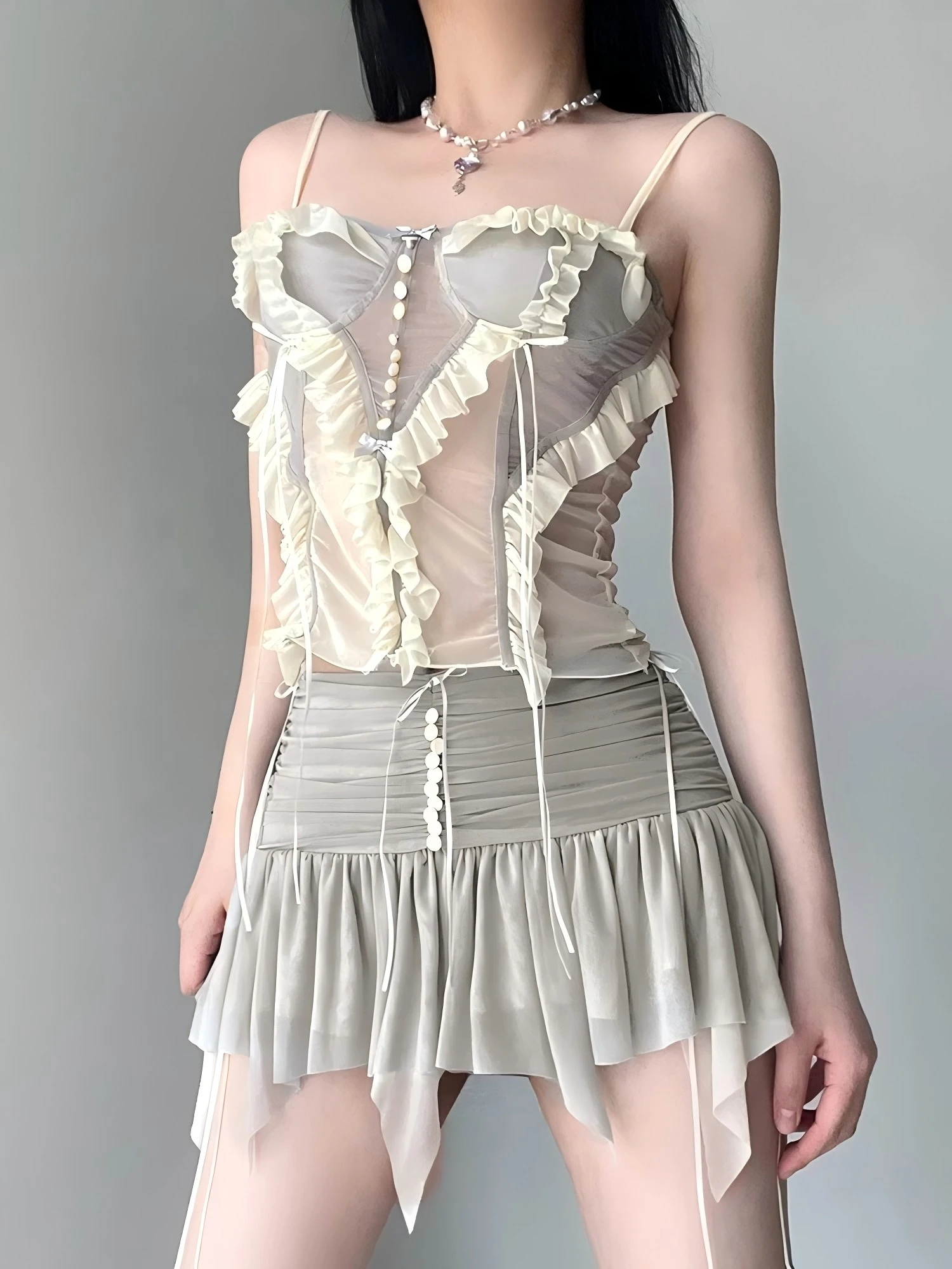 

Women's Elegant Vintage Chiffon Pleated Skirt with Patchwork Corset Top - Y2K Aesthetic 2 Piece Sets Summer Casual Streetwear