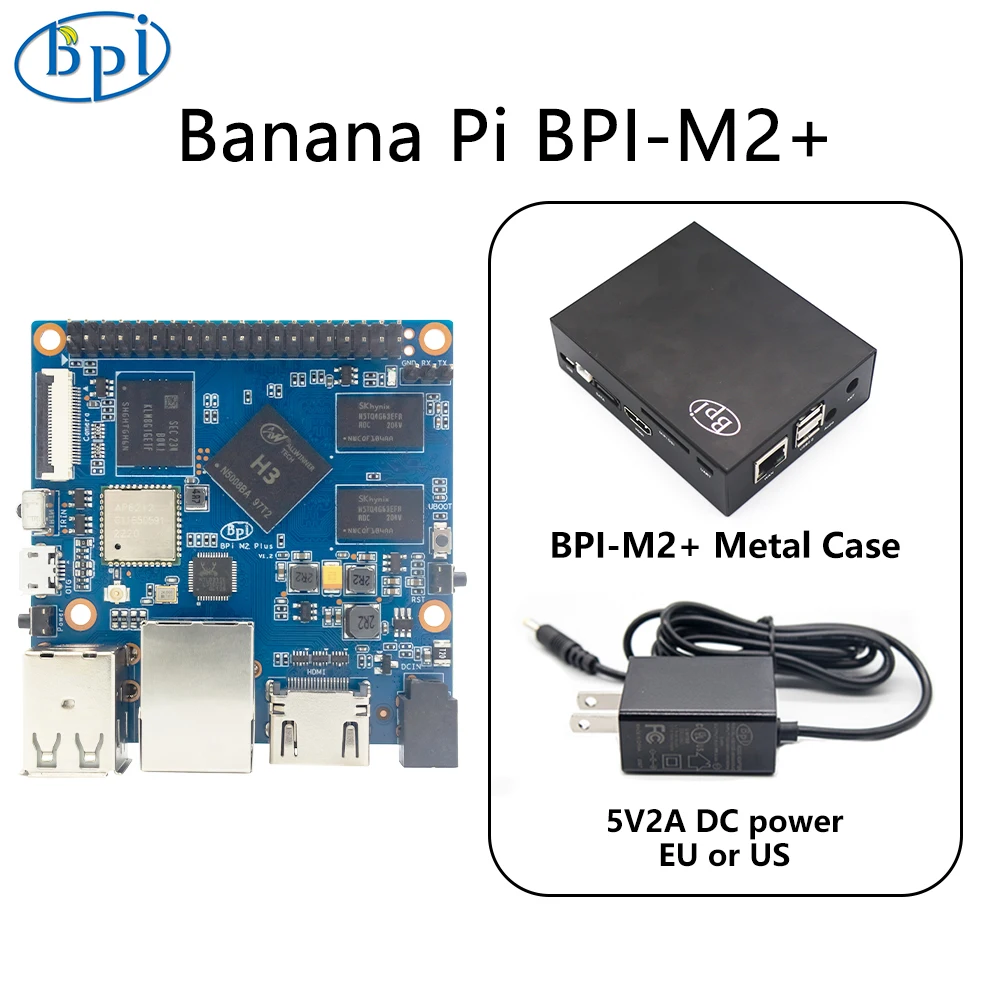 Banana Pi BPI-M2+ With Case Power Allwinner H3 Quad-core 1.2GHz Cortex-A7 1GB DDR3 8GB eMMC With WiFi BT4.0 Run Android 7 Linux