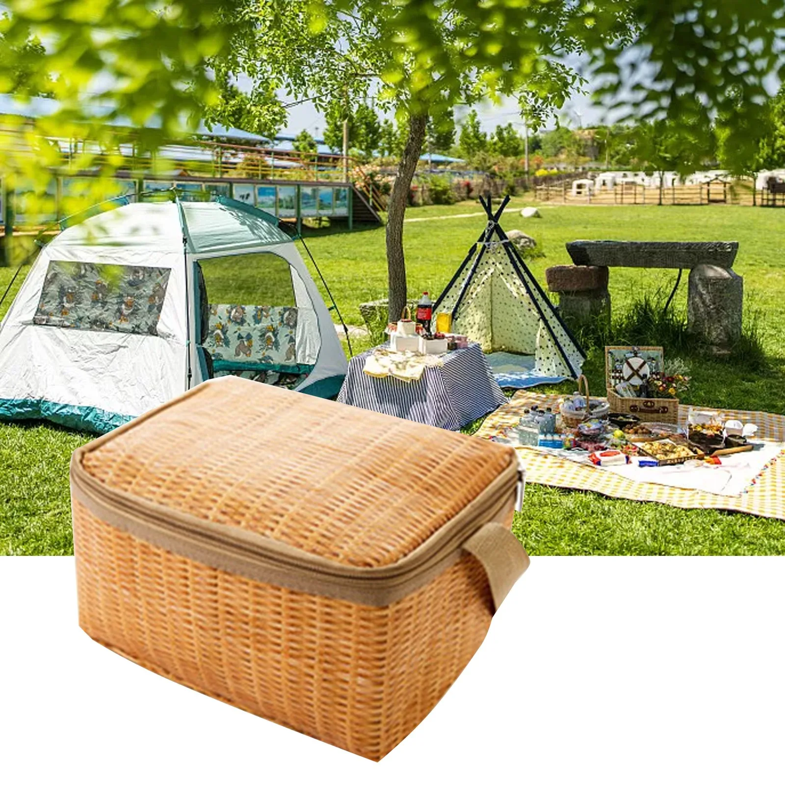 Foldable Rattan Style Insulated Lunch Bag Large Capacity Keep Food Temperature Controlled Lightweight for Travel