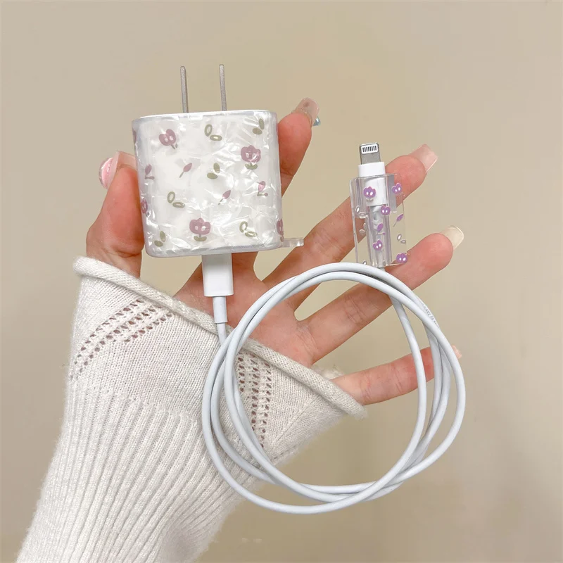 Korea Cute Shell Pattern Flower Charger Cover For IPhone 13 14 15 18W-20W Soft Charge Love Heart Protection Cover Charger Sleeve