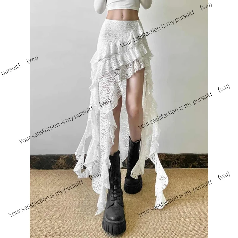 ZOCI-تنورة Y2K بيضاء بتصميم حلو من الدانتيل بحافة أوراق اللوتس عالية الخصر، فستان نسائي صيفي طويل غير منتظم #1