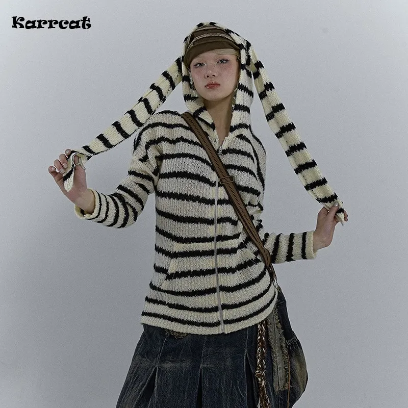 Karrcat Grunge Aesthetics Striped Cardigan Vintage Rabbit Ears Knitwears Japanese Y2k Hollow Out Knit Outerwear Harajuku Lolita