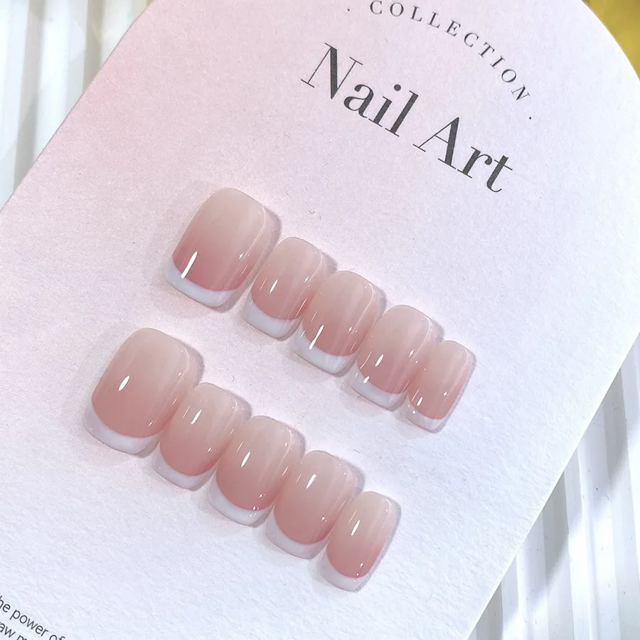 10Pcs Handmade Acrylic Press On Nail French Gradient Pink Short False Nail Wearable Full Cover Manicure Sweet Cute Nail Tips