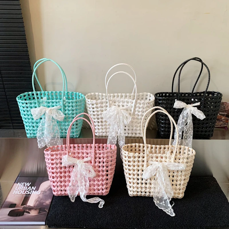 

Korean Hollow Woven Bow Handbag Sweet Solid Color Vegetable Basket Bag Casual Simple Versatile Large Capacity Shoulder Bag New
