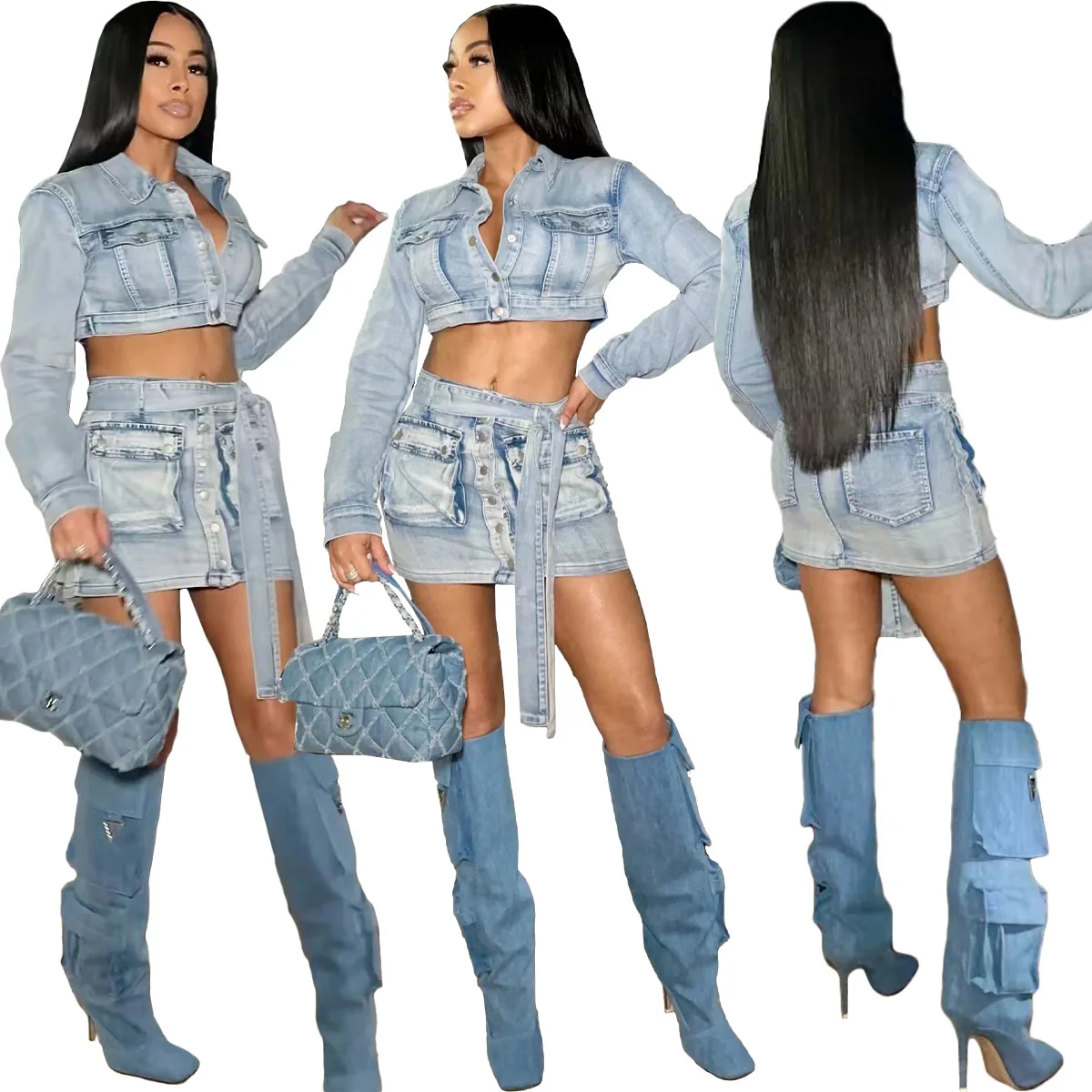 Denim Jackets Jean Dress 2 Piece Skirt Sets 2023 Winter Fall Y2K Streetwear Sexy Cargo Pocket Denim Dress Two Piece Skirt Set