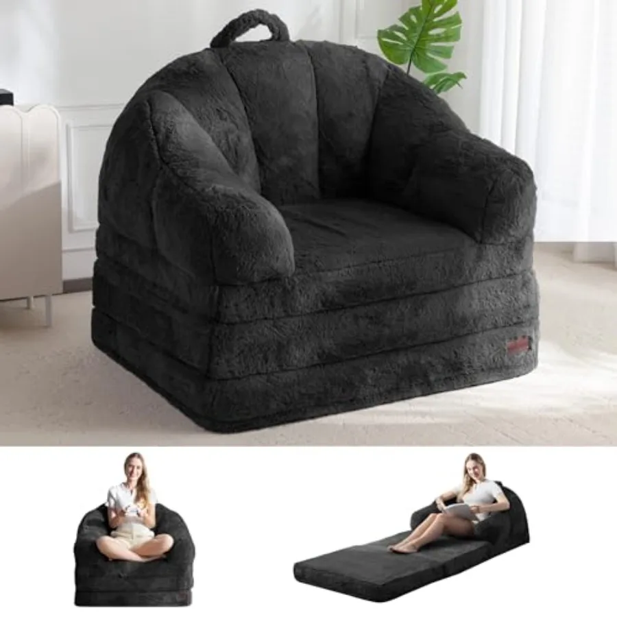 Folding Sofa Bed 2 in 1 Convertible Sofa to Lounger Comfy Single Bean Bag Chair for Adults Floor Sleeper Couch with Handle Faux
