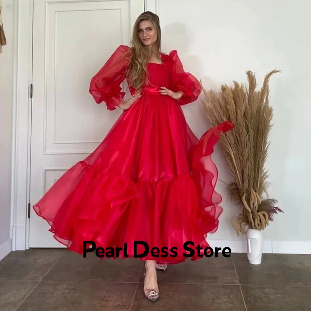 

Red A-line organza ball dress with ankle length bubble sleeves for returning to school, pleated evening dress, fashionable forma