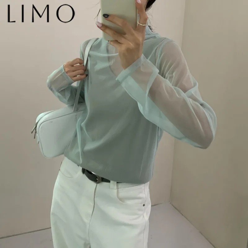 

LIMO Women’s Sexy Mesh Top Long Sleeve High Neck Pullover Solid Casual Chic Spring Summer 2025 Fashion Trendy Cool Quality