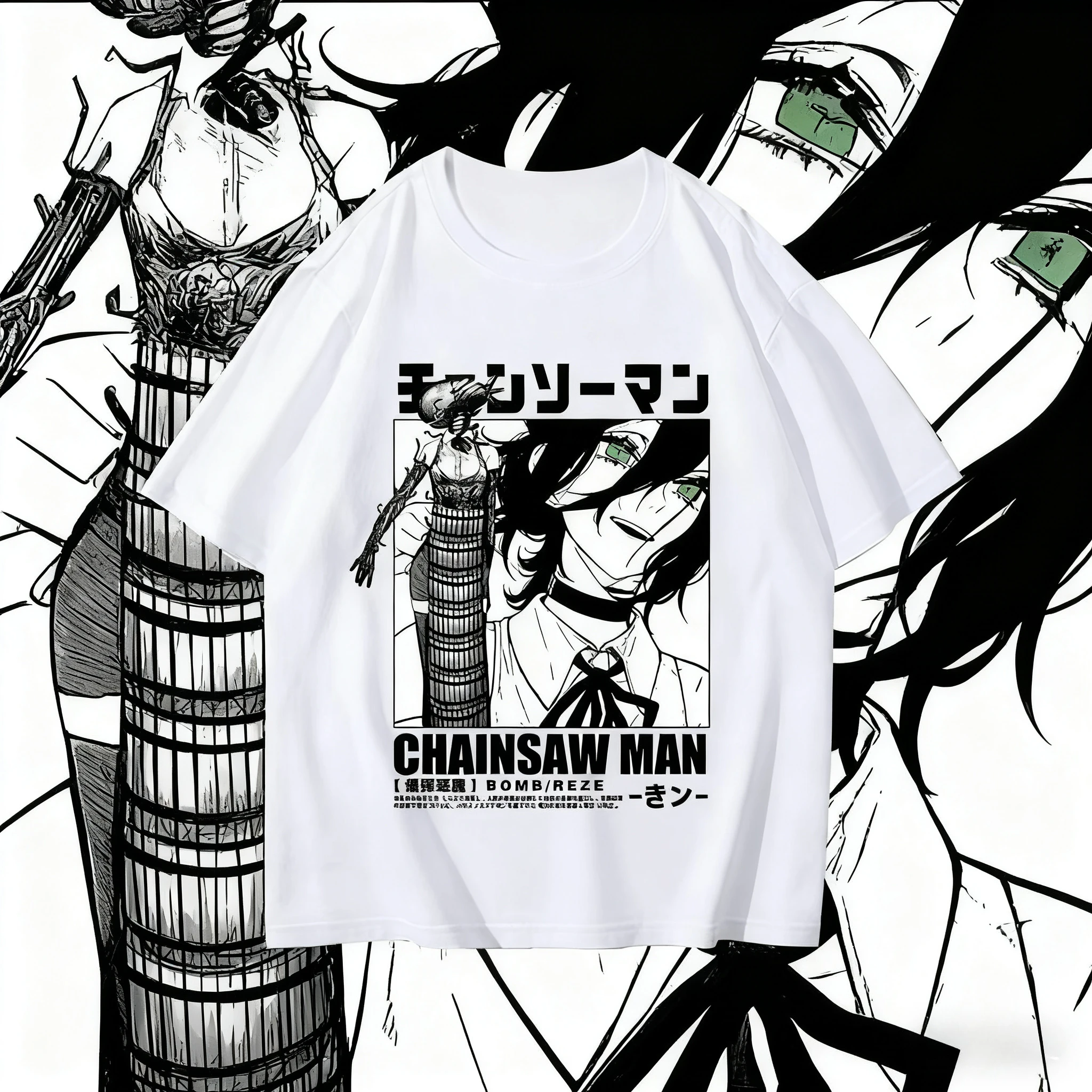 2025 الشتاء والخريف بالمنشار تي شيرت رجالي قنبلة الشيطان Reze البضائع قصيرة الأكمام أنيمي النمط الياباني قميص أسود الملابس #1