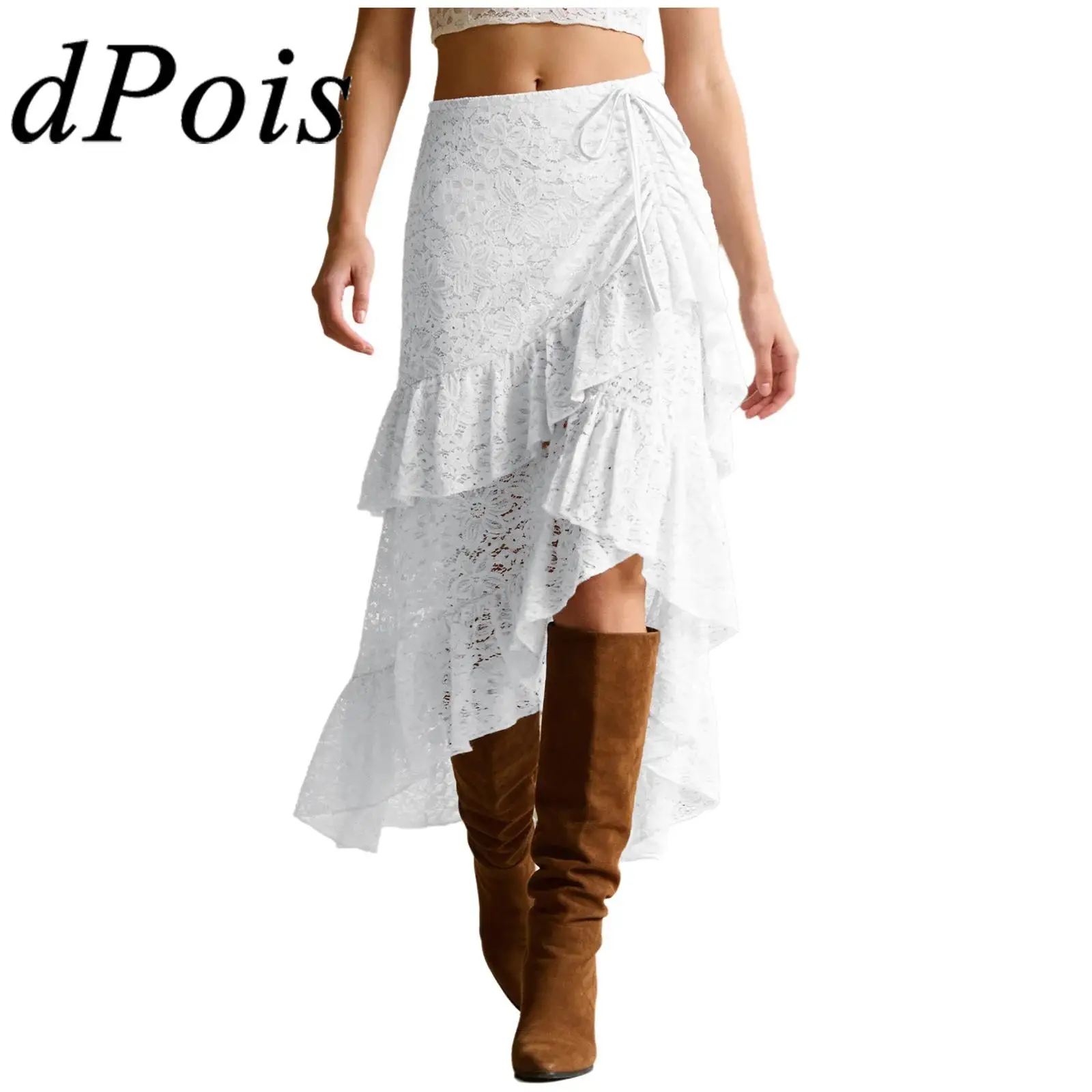 

Женская ажурная кружевная юбка в стиле бохо с цветочным узором, асимметричным подолом, многоярусными оборками, в стиле хиппи, ковбойская, Y2K