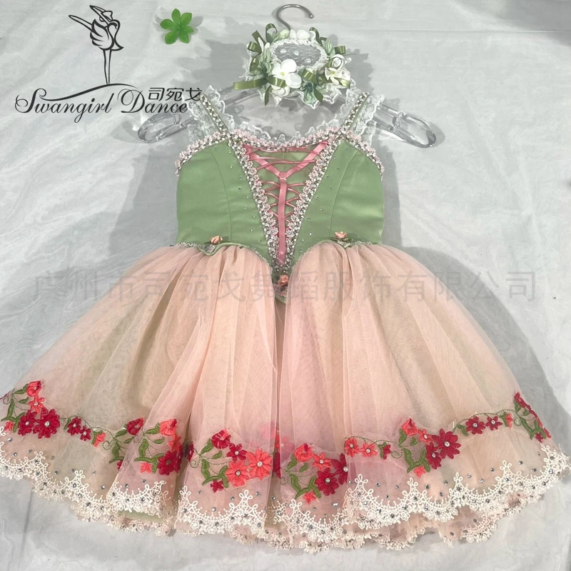 Zielono-różowa profesjonalna baletowa romantyczna sukienka dla dziewcząt baletnica BT4381