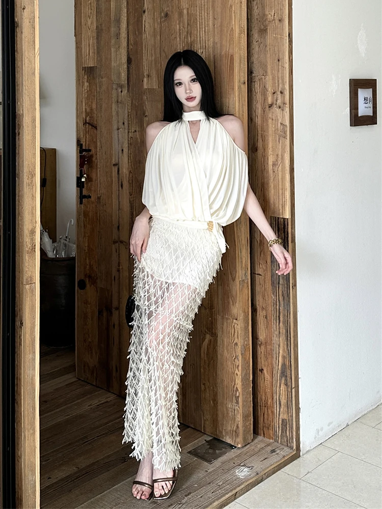 ReddaChic Women Layering Top Maxi Skirt Matching Set Sexy Laced Semi-sheer Maxi Bodycon Skirt Halter Blouse Fall New Costume view 5