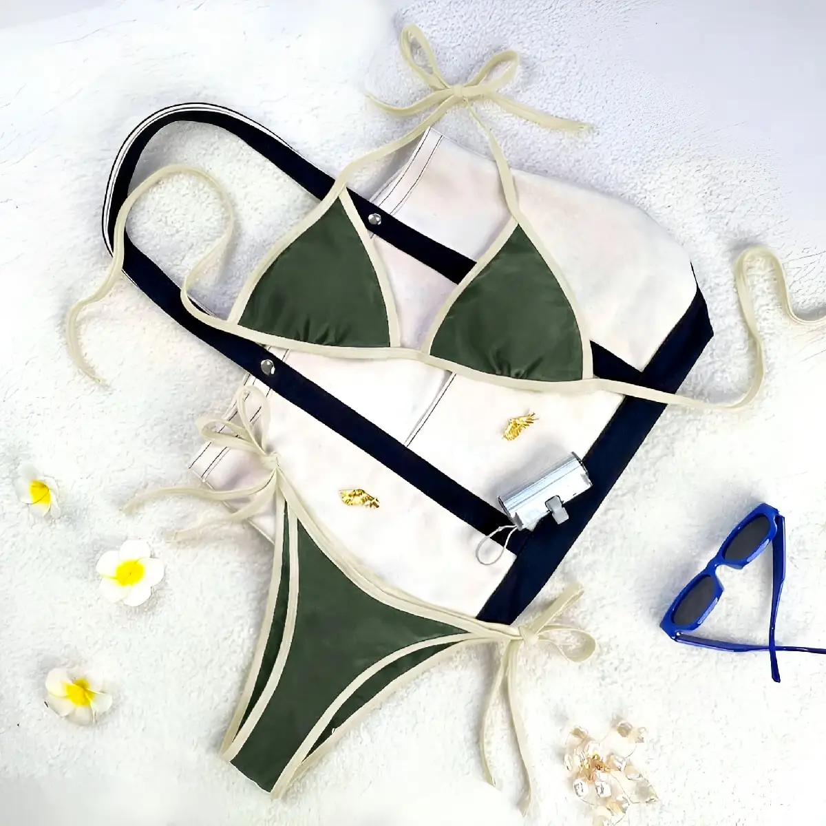 Women Contrast Trim Bikini Set Halter Triangle Tie Top Side Tie Cheeky Bottom Two‑Piece Swimwear Bathing Suit