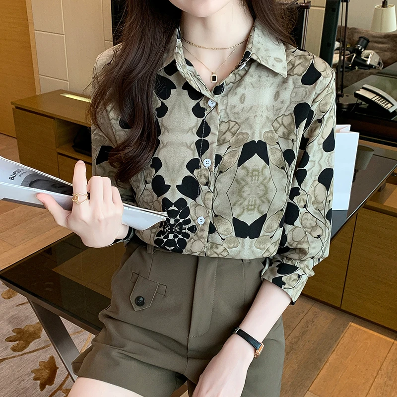 Women Spring Vintage Printing Loose trend Turn-down Collar Long Sleeve Shirts Women Clothes Casual All-match Office Lady Tops