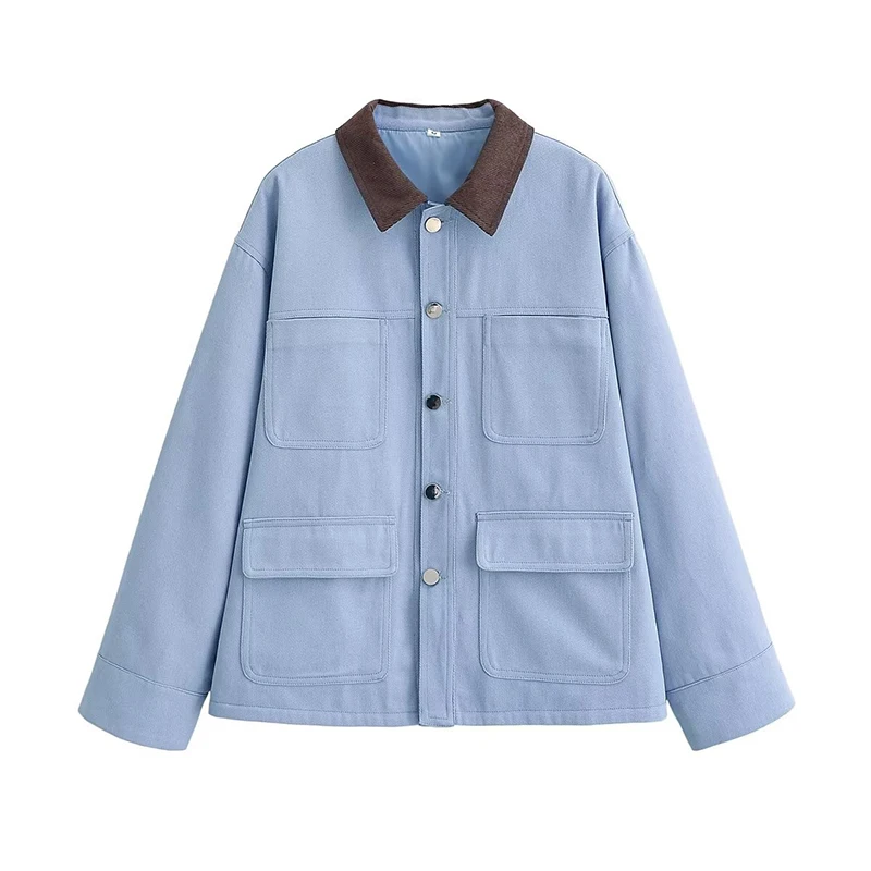 YENKYE Women Light Blue Contrast Collar Utility Jacket Button Down Multi Pocket Workwear Outerwear