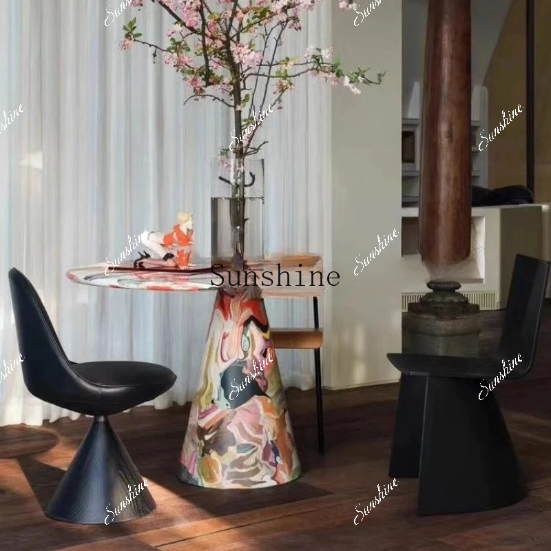 

Medieval hand-painted solid wood design creative art round dining table wabi sabi wind home cafe FT