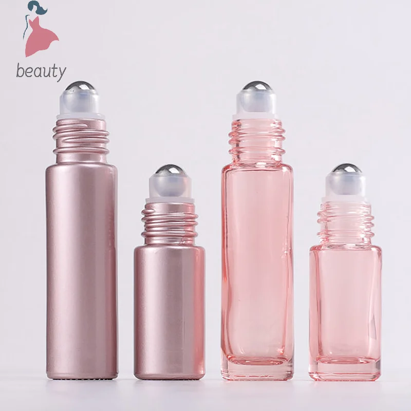 1PCS Glass Roll On Bottle 5/10ml Pink Roller Bottle Essential Oil Lip Gloss Refillable Tube Empty Jar Glass Perfume Bottle