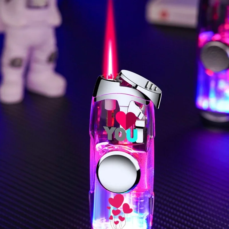 New Play with Glowing Red Flame Gas, with Flashing Lights, Transparent Air Chamber Windproof Lighter, Good Looking Holiday Gift