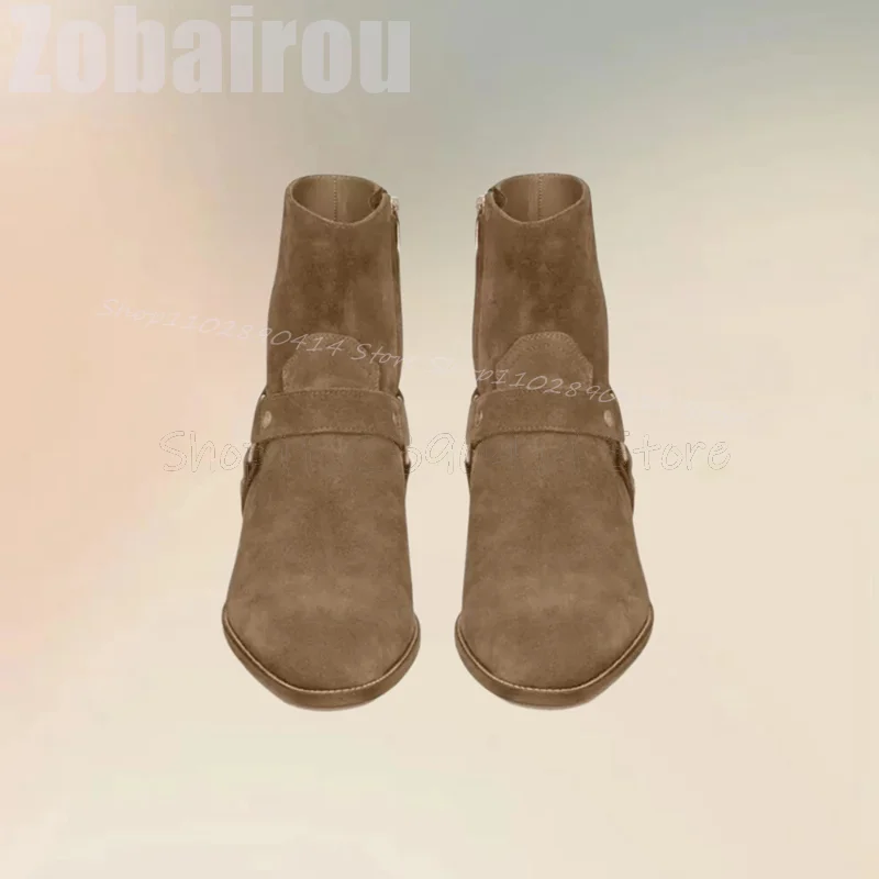 

Brown Belt Fastener Decor Pointed Toe Ankle Boots Fashion Slip On Men Boots Luxury Handmade Party Feast Office Men Casual Shoes