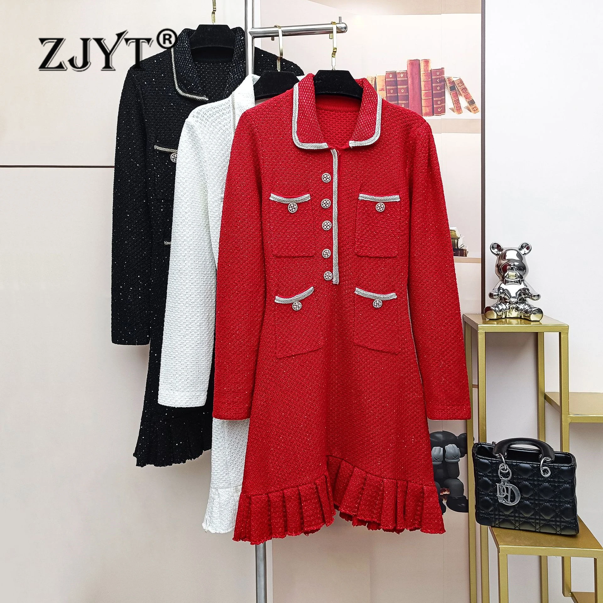 ZJYT Runway Designer Autumn Winter Knitting Sweater Dresses for Women 2024 Fashion Long Sleeve Red Short Party Dress Vestidos