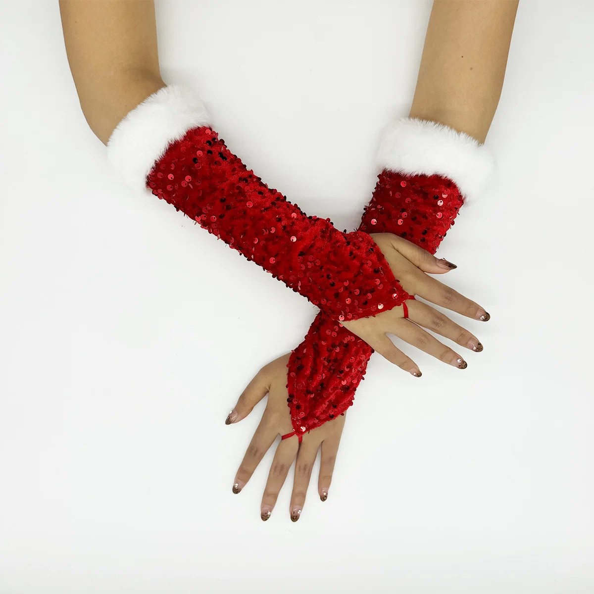 

A Large Red Christmas Fuzzy Hook Finger Exposed Finger Holiday Decoration Glove With Shiny Sequin Clothing Performance Glove