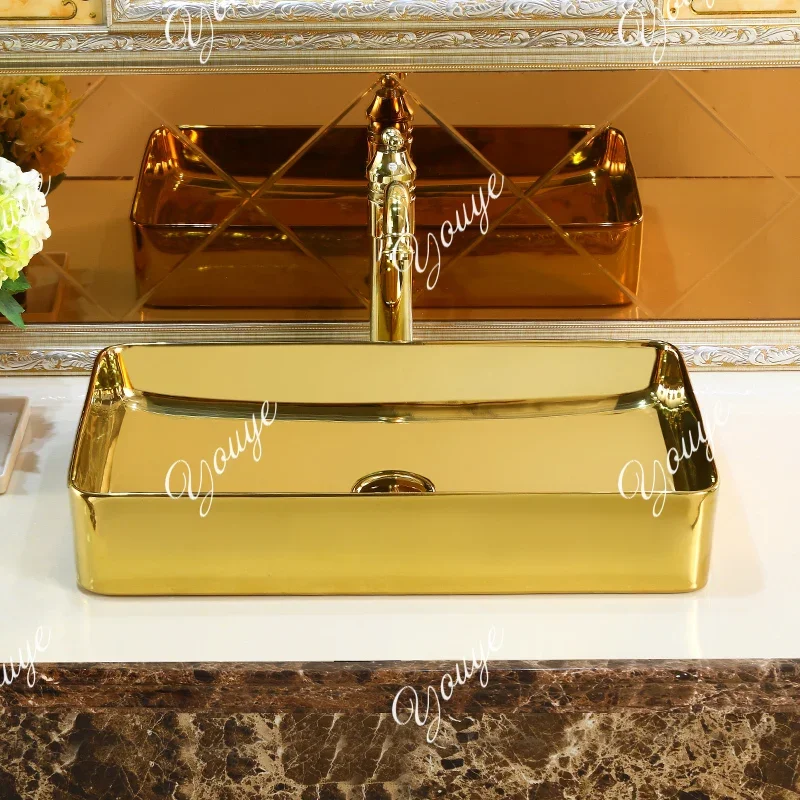 

K49 European Gold Countertop Basin Hand Washing Ceramic Basin Artist Golden Round Countertop Washbasin