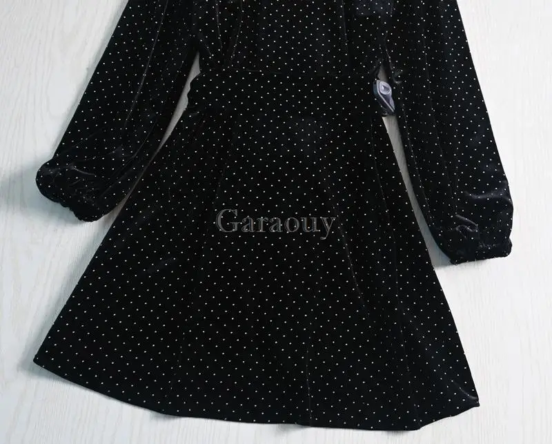 Garaouy 2024 Women\'s Velvet Belt Shirts Dress Party Clubwear V-neck Long Sleeve Slim Female Dresses Black Solid Mini Vestidos