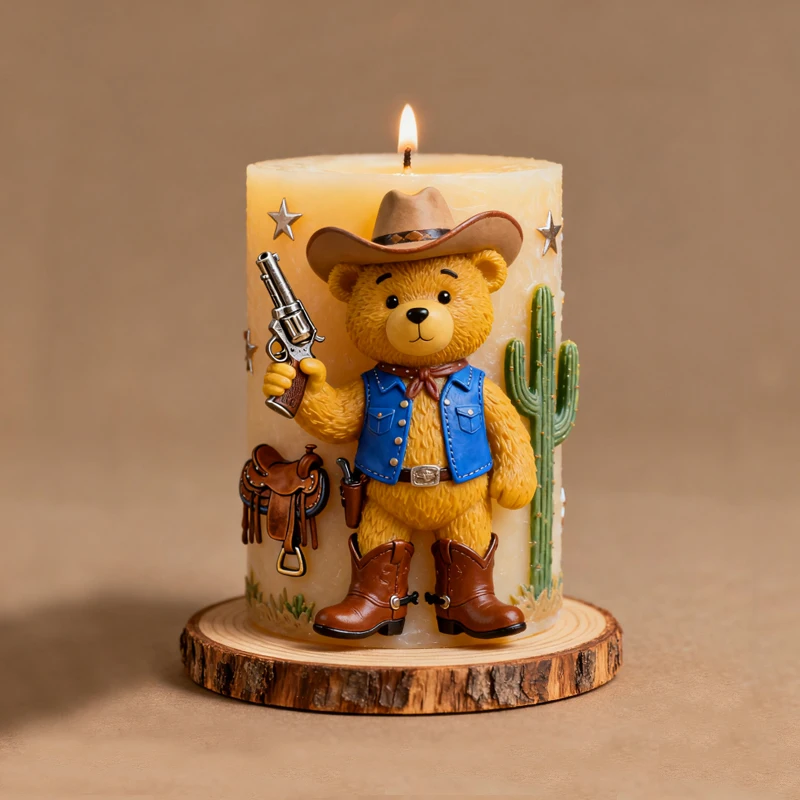Molde de Silicona para Velas con Diseño de Osito de Peluche [Western Bear Cub], Molde 3D con Relieve de Cactus y Silla de Montar, Molde Divertido para Hacer Velas Temáticas Hechas a Mano