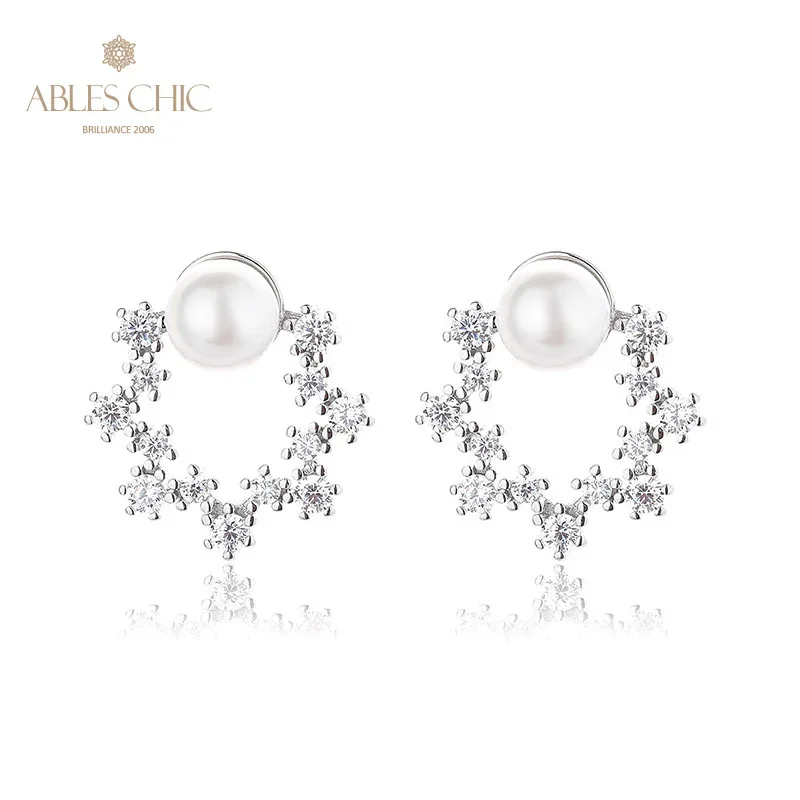 AC Freshwater Pearls 5.5-6mm Accent Paved CZ Flower Studs  Solid 925 Silver Floral Earrings PE1033