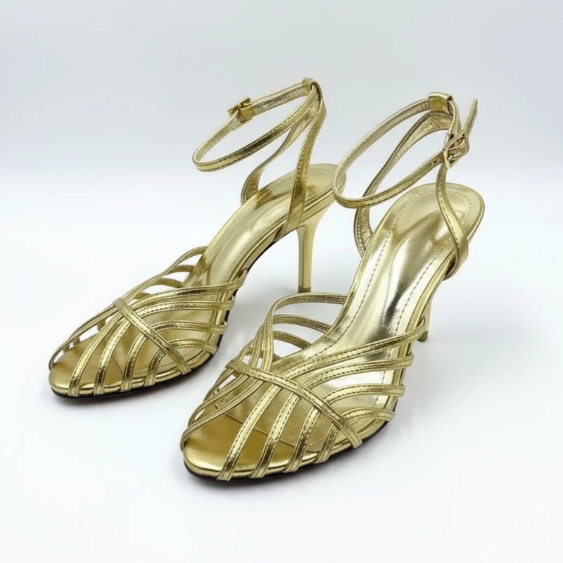 

Women Gold Openwork Mules Sandals Pointed Toe Thin Strap Stiletto Heels Luxury Office Work Professional Party Pumps for Summer