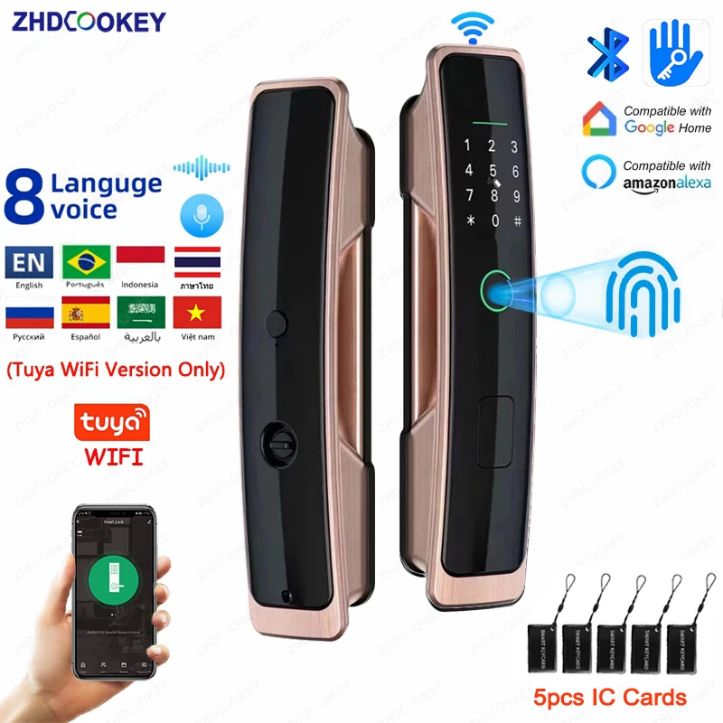 8 Languages Tuya WiFi APP Password IC Card Fingerprint Biometric Digital Keypad TTlock Bluetooth Smart Door Lock with Alexa