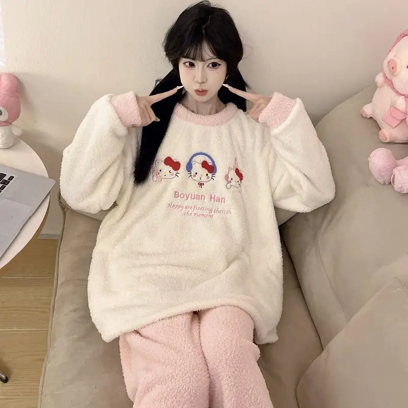 Hello Kittys Sleepwear Women's Autumn Winter Thick Warm Long Sleeve New Versatile Home Clothes Set Cute Cartoon Comfortable Gift